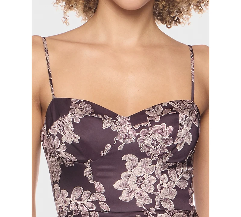 B Darlin Juniors Sweetheart Neck Printed Satin Midi Dress with Spaghetti Straps Skirt Slit