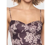 B Darlin Juniors Sweetheart Neck Printed Satin Midi Dress with Spaghetti Straps Skirt Slit