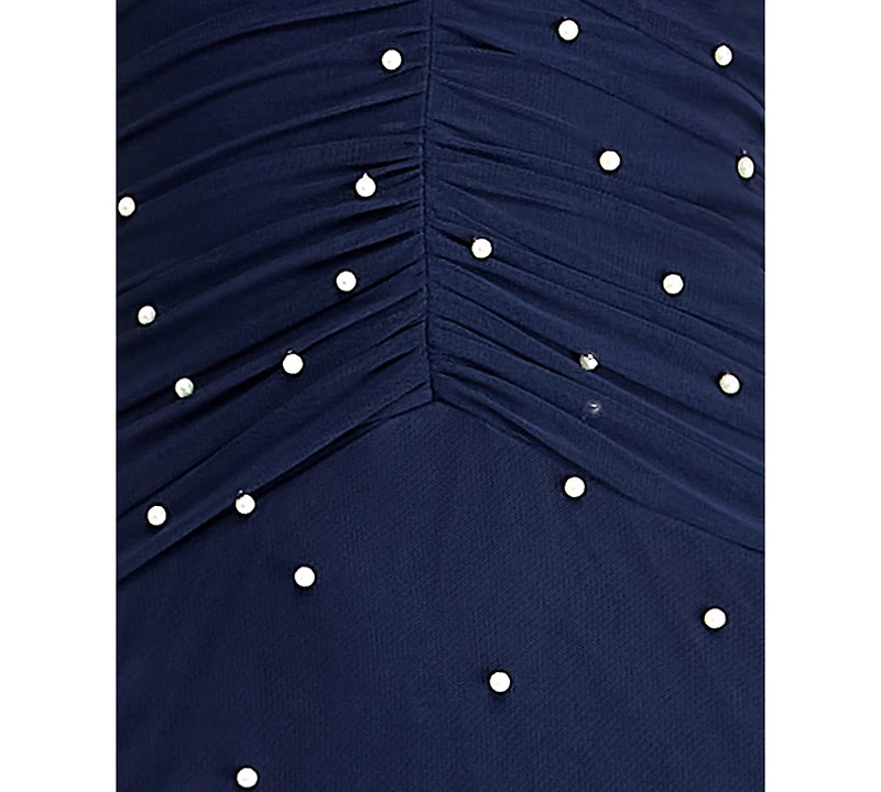 B Darlin Juniors' Halter Mesh with Pearls Gown Ruched Bodice
