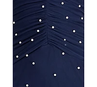 B Darlin Juniors' Halter Mesh with Pearls Gown Ruched Bodice