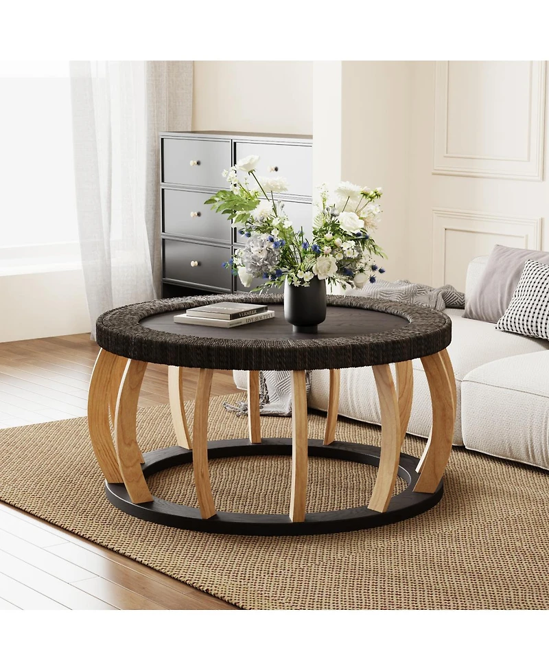 Streamdale Furniture Vintage Rattan and Solid Wood Round Coffee Table