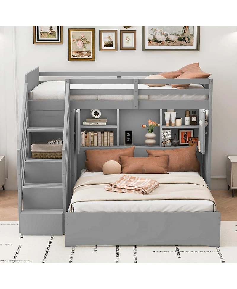 Streamdale Furniture over Full Bunk Bed with Storage Stairs, Wardrobe, Usb