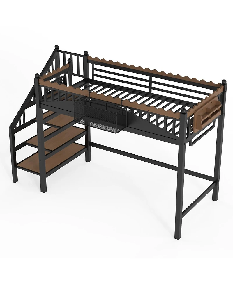 Streamdale Furniture Metal Loft Bed with Storage Stairs and Bookshelf