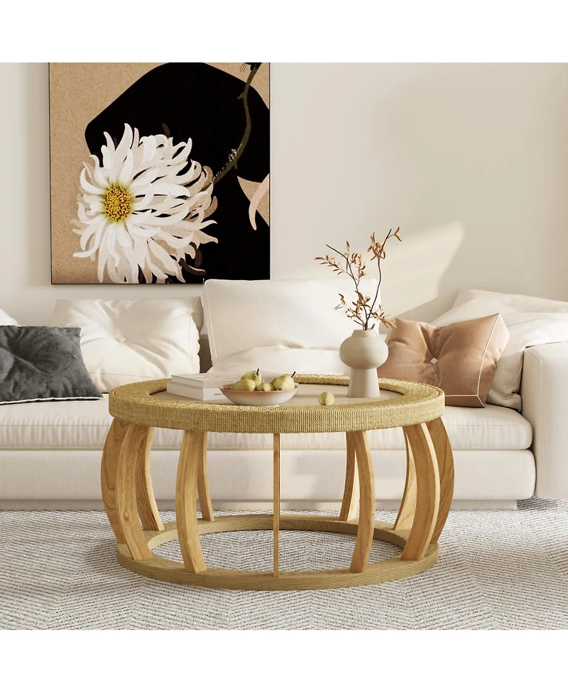 Streamdale Furniture Vintage Rattan Solid Wood Round Coffee Table