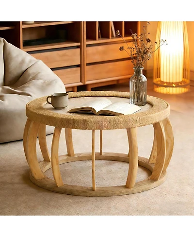 Streamdale Furniture Vintage Rattan Solid Wood Round Coffee Table