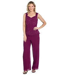 R & M Richards Women's Beaded Georgette Pull-On Tank Top, Jacket Pants, 3-Piece Set