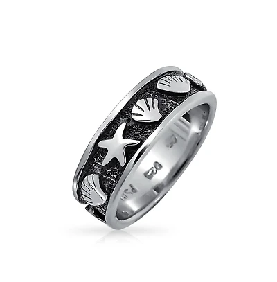 Bling Jewelry Nautical Beach Black Oxidized Starfish Clam Shell Band Ring Sterling Silver 5MM