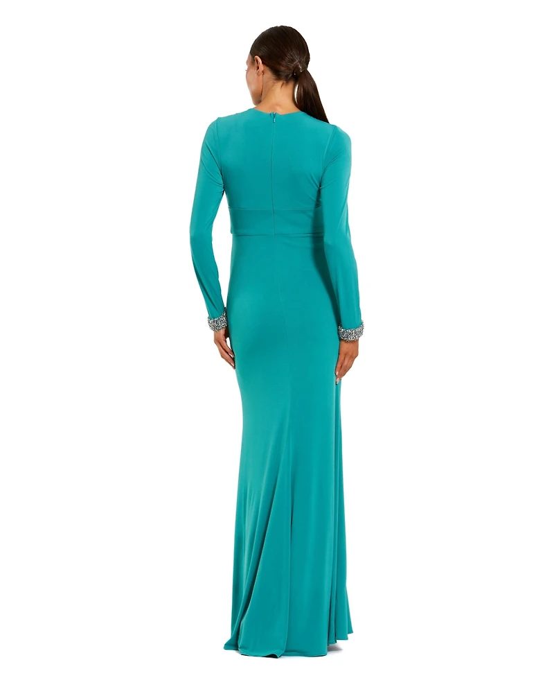 Mac Duggal Women's Jersey Long Sleeve Twist Neck Evening Gown