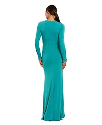 Mac Duggal Women's Jersey Long Sleeve Twist Neck Evening Gown