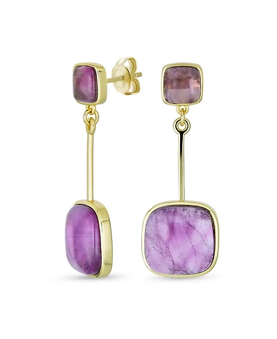 Bling Jewelry Geometric Square Bar Faceted Gemstone Purple Amethyst Dangle Statement Earrings Gold Plated