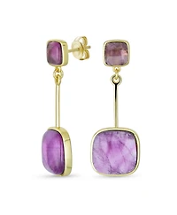 Bling Jewelry Geometric Square Bar Faceted Gemstone Purple Amethyst Dangle Statement Earrings Gold Plated