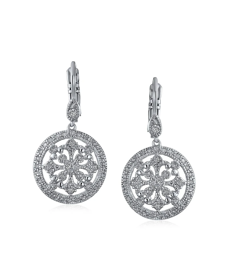 Bling Jewelry Vintage Style Bridal Round Medallion Cubic Zirconia Cz Dangle Statement Earrings Silver Plated