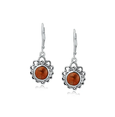 Bling Jewelry Bali Style Round Flower Orange Red Coral Drop Earrings Leverback Oxidized .925 Sterling Silver