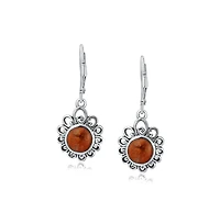 Bling Jewelry Bali Style Round Flower Orange Red Coral Drop Earrings Leverback Oxidized .925 Sterling Silver