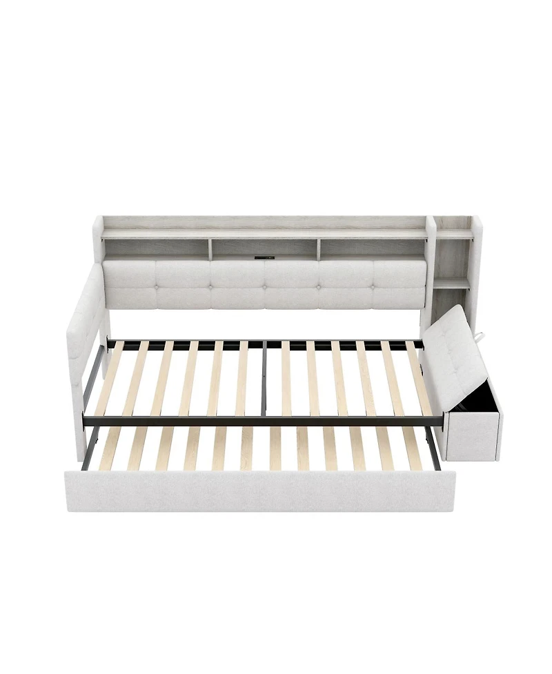 Streamdale Furniture Upholstered Daybed with Trundle, Storage, Usb and Led Lights