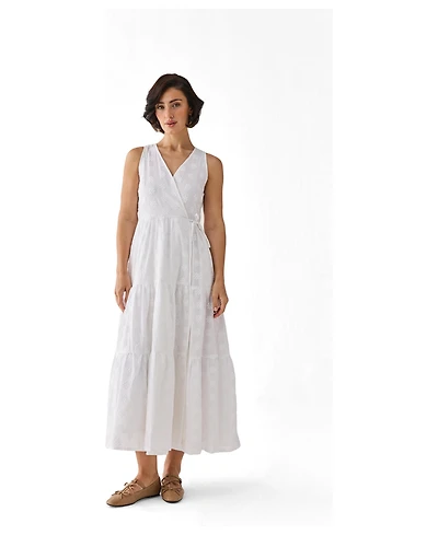 Reistor Women's Embroidered Cotton Tiered Wrap Maxi Dress