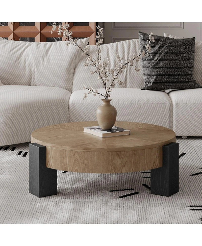 Streamdale Furniture 33'' Round Wood Coffee Table with Hidden Storage and 3 Block Legs