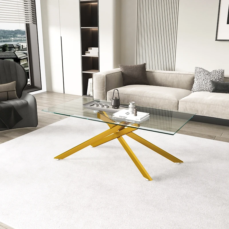Streamdale Furniture 47.2" Rectangular Clear Tempered Glass Coffee Table with Golden Metal Legs
