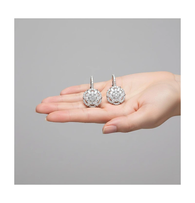 Rachel Glauber White Gold Plated Cz Flower Cluster Halo Dangle Earrings