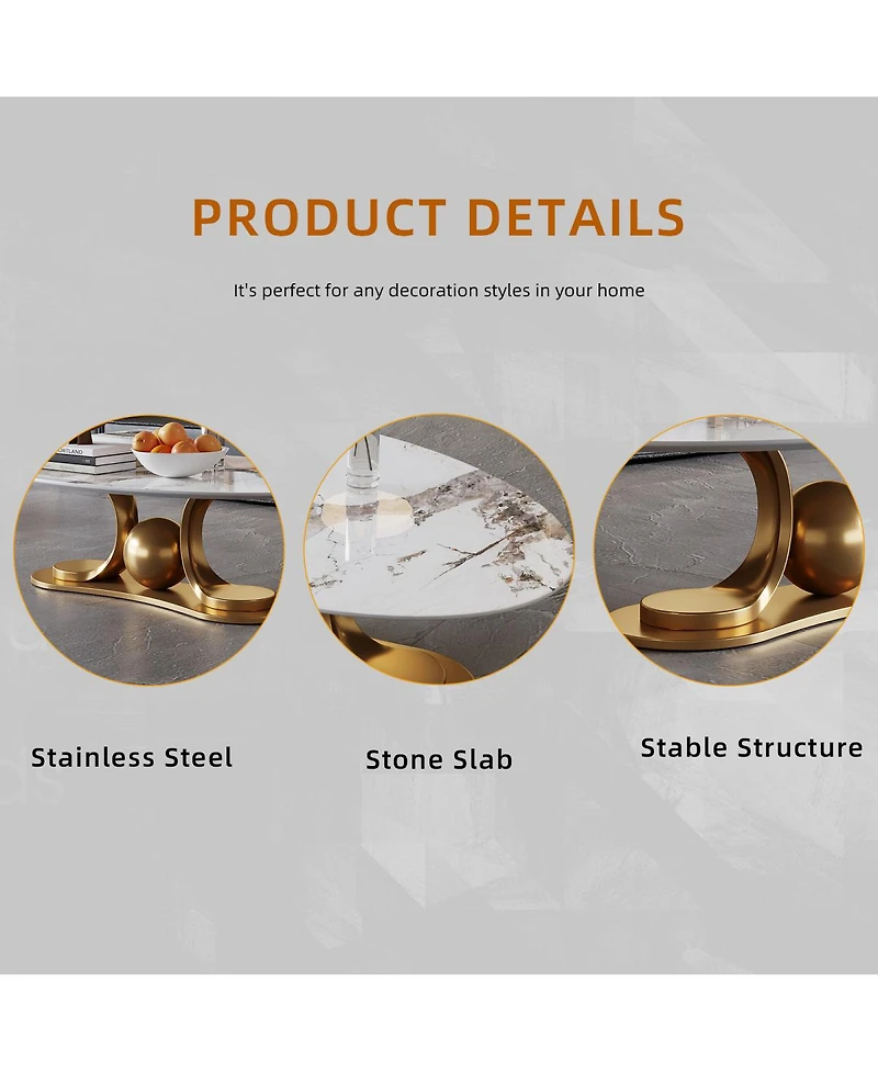 Streamdale Furniture Gold Metal Coffee Table with Stainless Steel Pedestal and Faux Marble Top