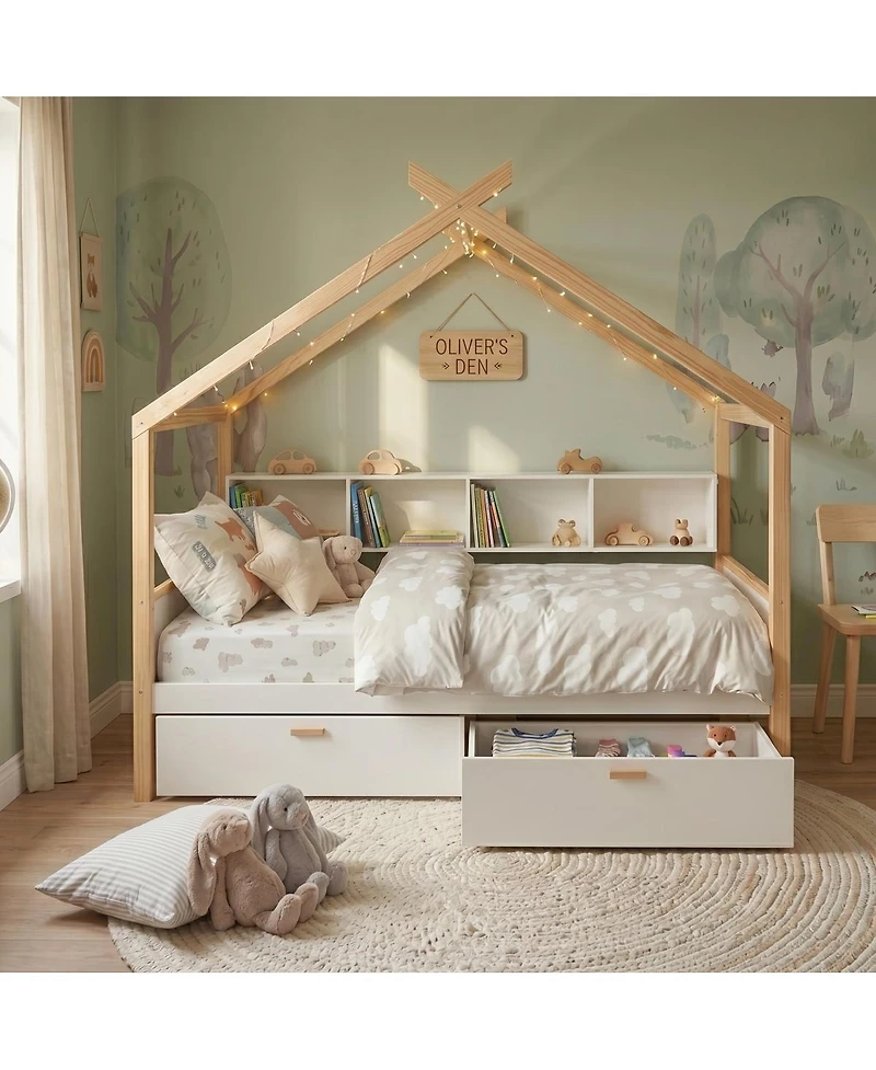 Streamdale Furniture Wooden House Bed with Two Drawers and Bookshelf Storage