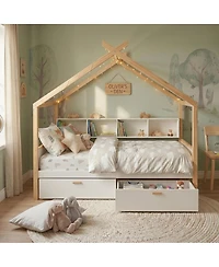 Streamdale Furniture Wooden House Bed with Two Drawers and Bookshelf Storage