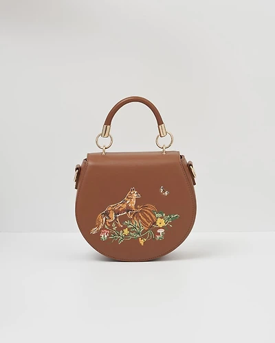 Fable England Women's Fox and Pumpkin Embroidered Tan Saddle Bag