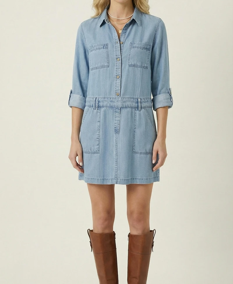 Modenaire Women's Long-Sleeve Button-Front Denim Mini Dress