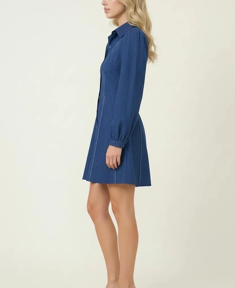 Modenaire Women's Long-Sleeve Denim Contrast-Stitch Shirt Dress