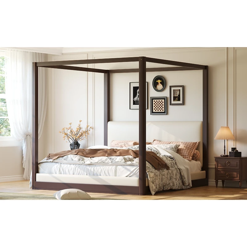 Streamdale Furniture Wood Canopy Platform Bed with Upholstered Headboard
