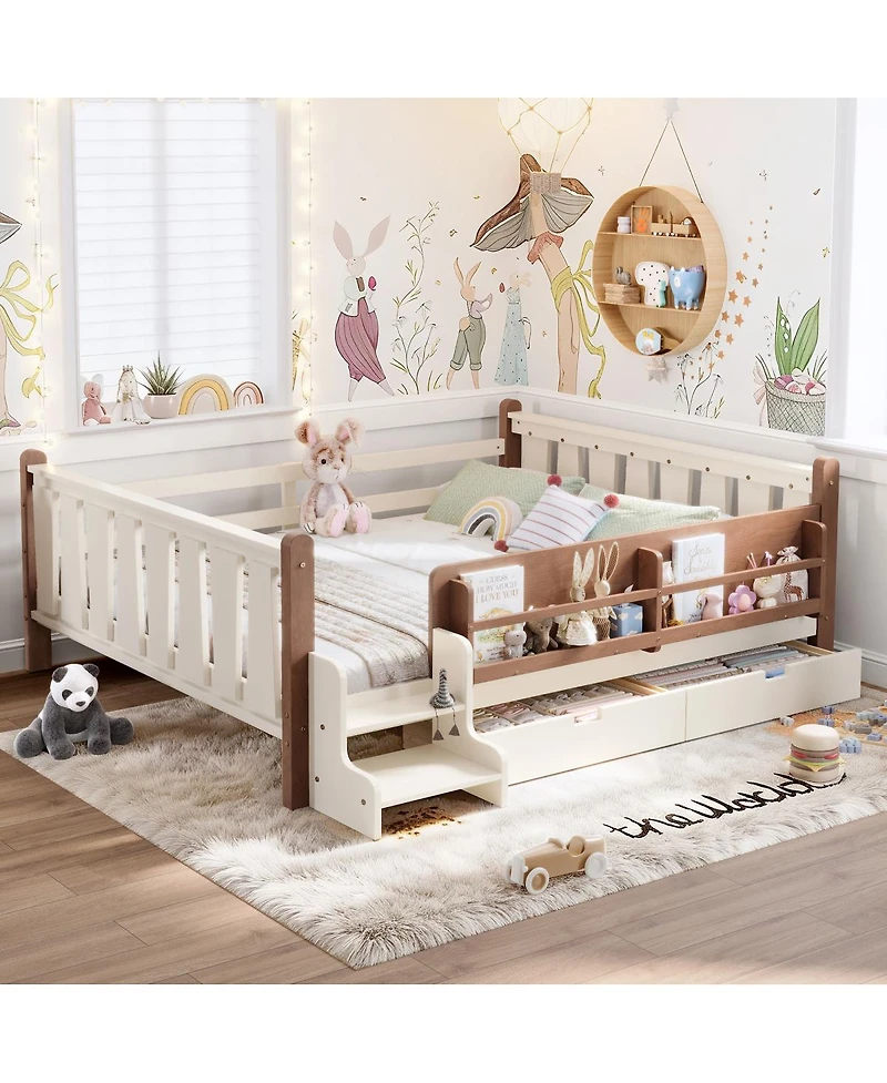 Streamdale Furniture Floor Bed with Storage Bookcases, Drawers, and Stairs