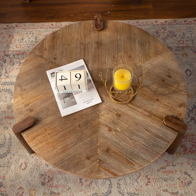 Streamdale Furniture 36.61" Round Herringbone Solid Wood Coffee Table with Tapered Legs