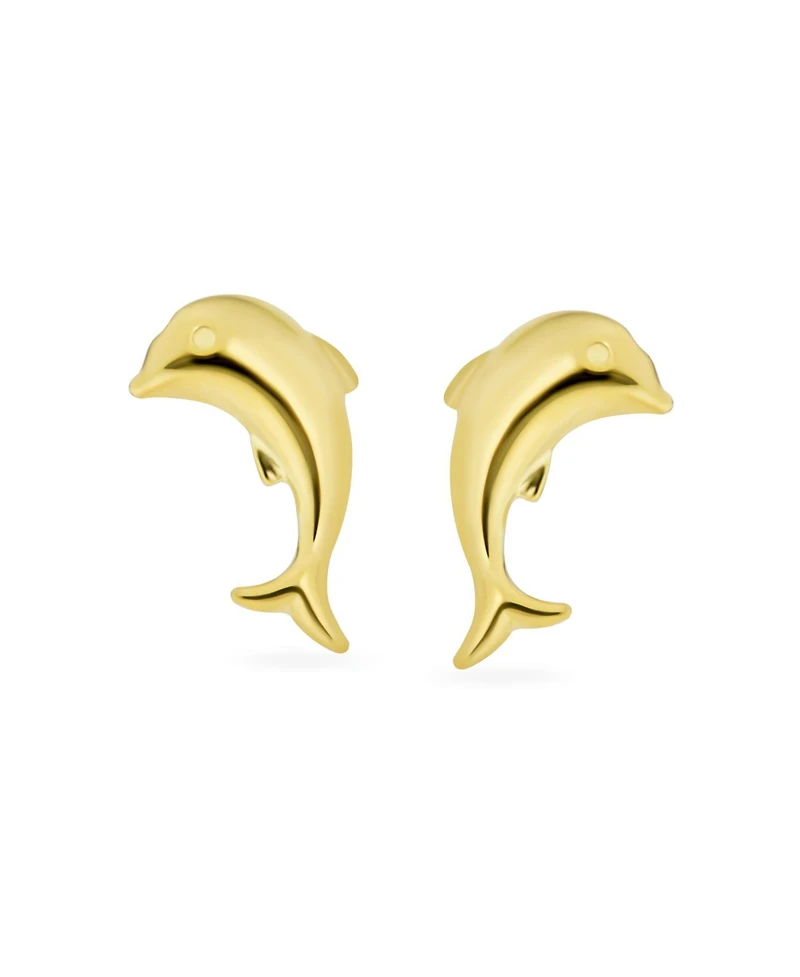 Bling Jewelry Tiny Nautical Tropical Ocean Marine Life 14K Yellow Gold Dolphin Stud Earrings