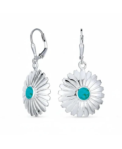 Bling Jewelry Western Style Natural Turquoise Dangle Flower Medallion Earrings .925 Sterling Silver Leverback