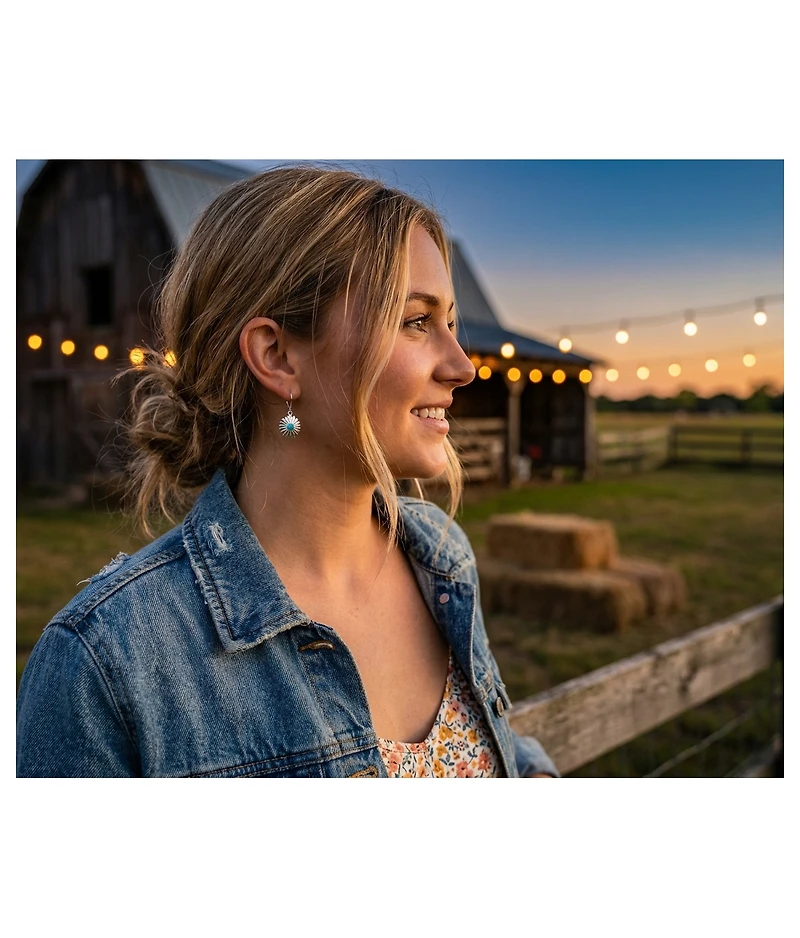 Bling Jewelry Western Style Natural Turquoise Dangle Flower Medallion Earrings .925 Sterling Silver Leverback
