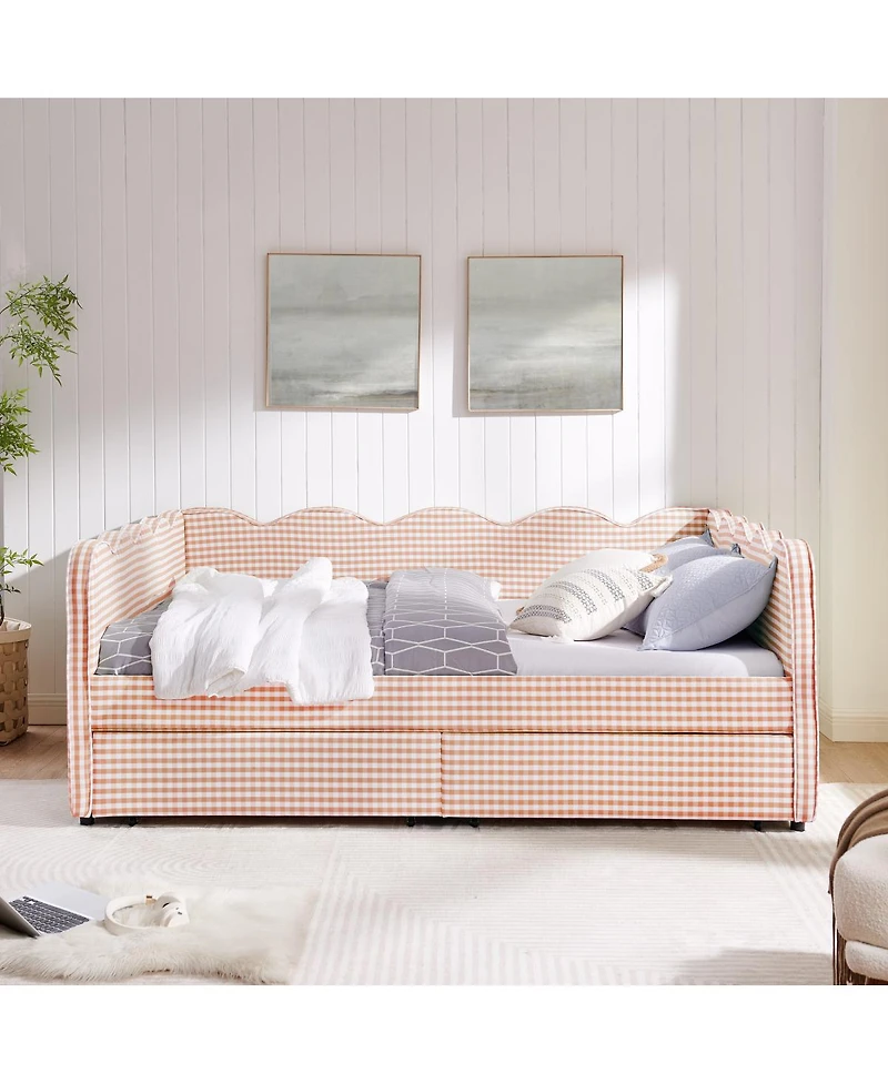Streamdale Furniture Gingham Daybed with Storage Drawers, Usb Port and Wave Headboard