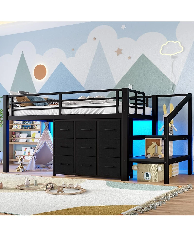 Streamdale Furniture Low Loft Bed with Storage Stairs, Fabric Drawers, and Shelves