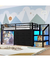 Streamdale Furniture Low Loft Bed with Storage Stairs, Fabric Drawers, and Shelves