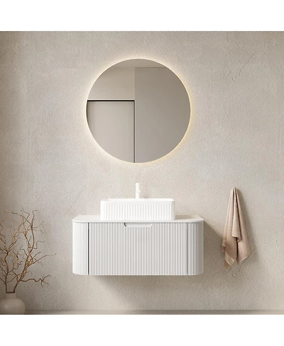 Sillysis Wall Mounted Bathroom Vanity with Rectangular Ceramic Basin, Sintered Stone Top, Stripe Panel, Pre-assembled