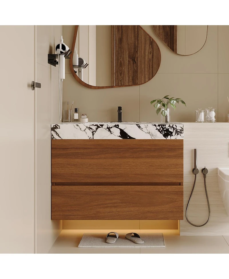 Sillysis Floating Bathroom Vanity with Faux Marble Top, Ceramic Undermount Sink and Soft-Close Drawers for Small Spaces