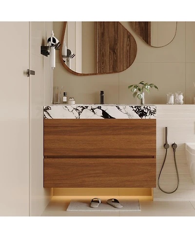 Sillysis Floating Bathroom Vanity with Faux Marble Top, Ceramic Undermount Sink and Soft-Close Drawers for Small Spaces