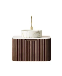 Sillysis Wall Mounted Bathroom Vanity with Sintered Stone Top, Round Ceramic Basin, Stripe Drawer
