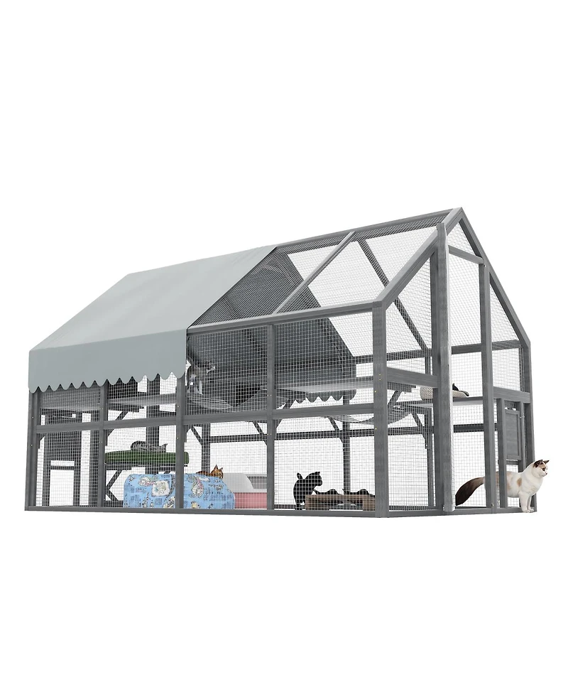 Streamdale Furniture Large Wooden Outdoor Cat Enclosure with 7 Platforms, 2 Boxes, and 2 Bridges