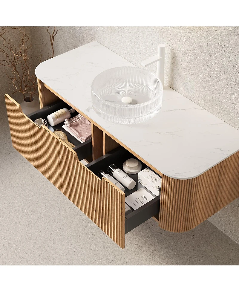Sillysis Wall Mounted Bathroom Vanity with Crystal Glass Vessel Sink, Soft Close Drawer, Ample Storage, Pre-assembled