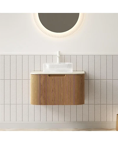 Sillysis Wall Mounted Bathroom Vanity with Crystal Glass Round Sink, Wood Grain Cabinet, Sintered Stone Top