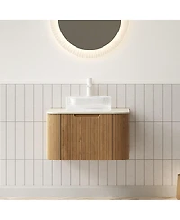 Sillysis Wall Mounted Bathroom Vanity with Crystal Glass Round Sink, Wood Grain Cabinet, Sintered Stone Top
