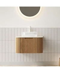Sillysis Wall Mounted Bathroom Vanity With Crystal Glass Round Sink Wood Grain Cabinet Sintered Stone Top Pre Assembled