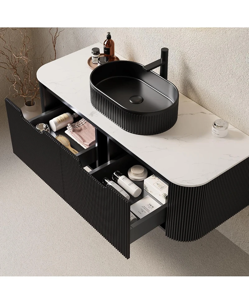 Sillysis Wall Mounted Bathroom Vanity with Sintered Stone Top, Oval Ceramic Sink, Striped Drawer Panel