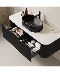 Sillysis Wall Mounted Bathroom Vanity with Sintered Stone Top, Oval Ceramic Sink, Striped Drawer Panel