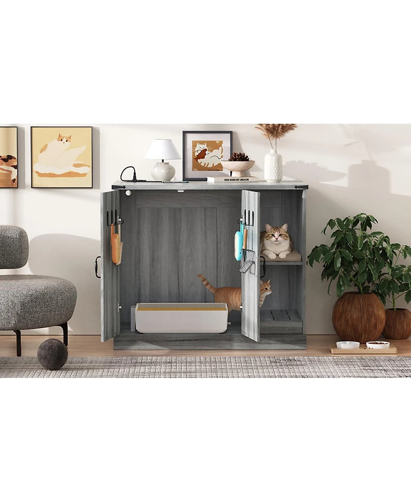 Streamdale Furniture Modern Cat Litter Box Cabinet with Power Outlet and Storage